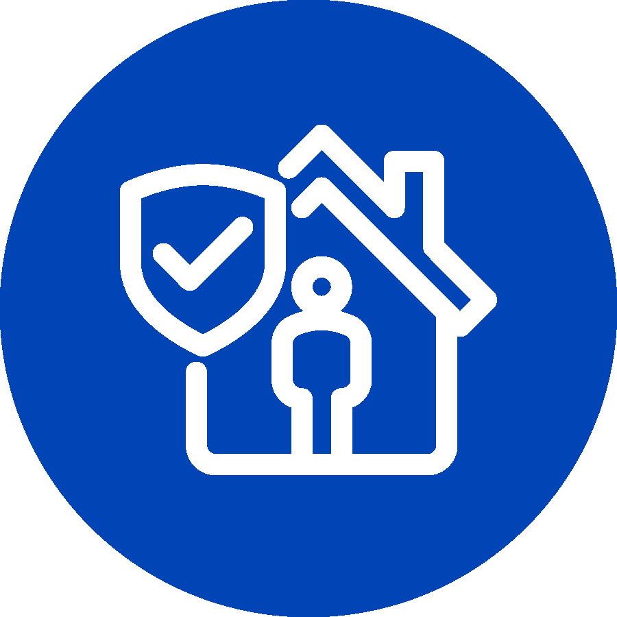 Blue graphic with house and shield