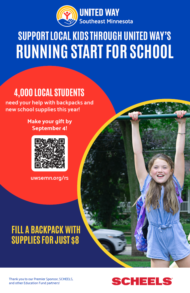 Young girl on playground, text reads support local kids through United Way's Running Start for School