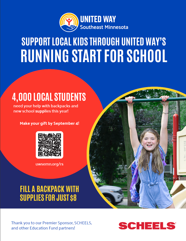 Young girl on playground, text reads support local kids through United Way's Running Start for School