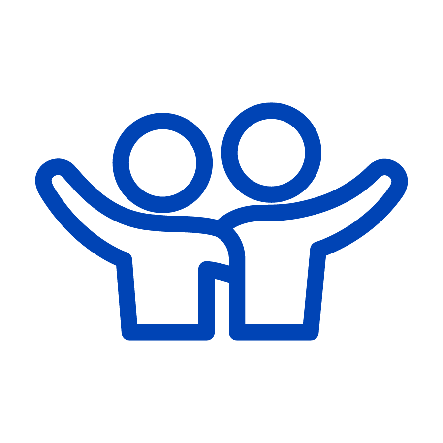 Blue monoline graphic of two people waving