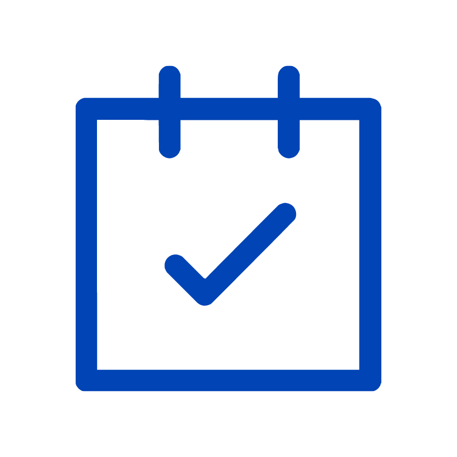 Blue monoline graphic of a calendar with checkmark