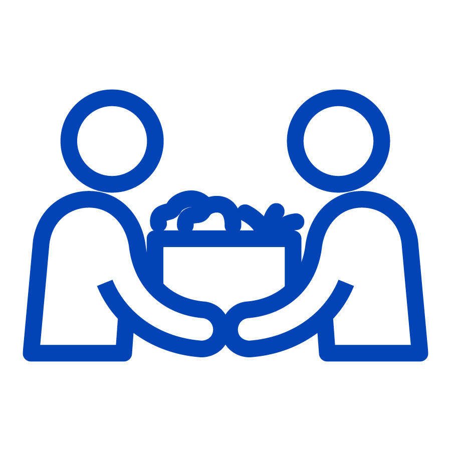 Blue monoline illustration of two people volunteering