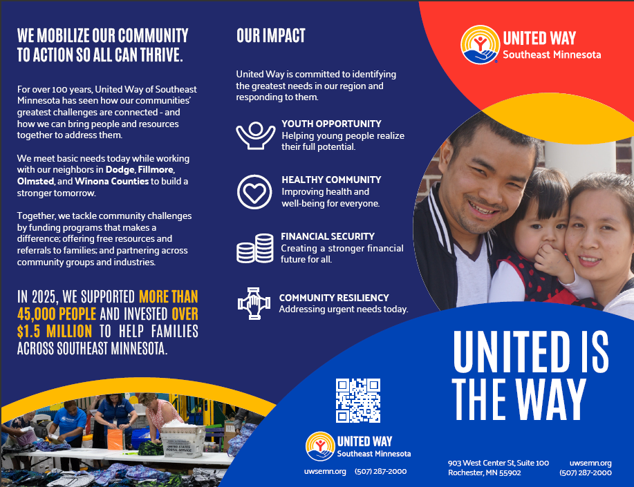 Blue brochure with young family to the right, and overview on United Way's mission and impact.