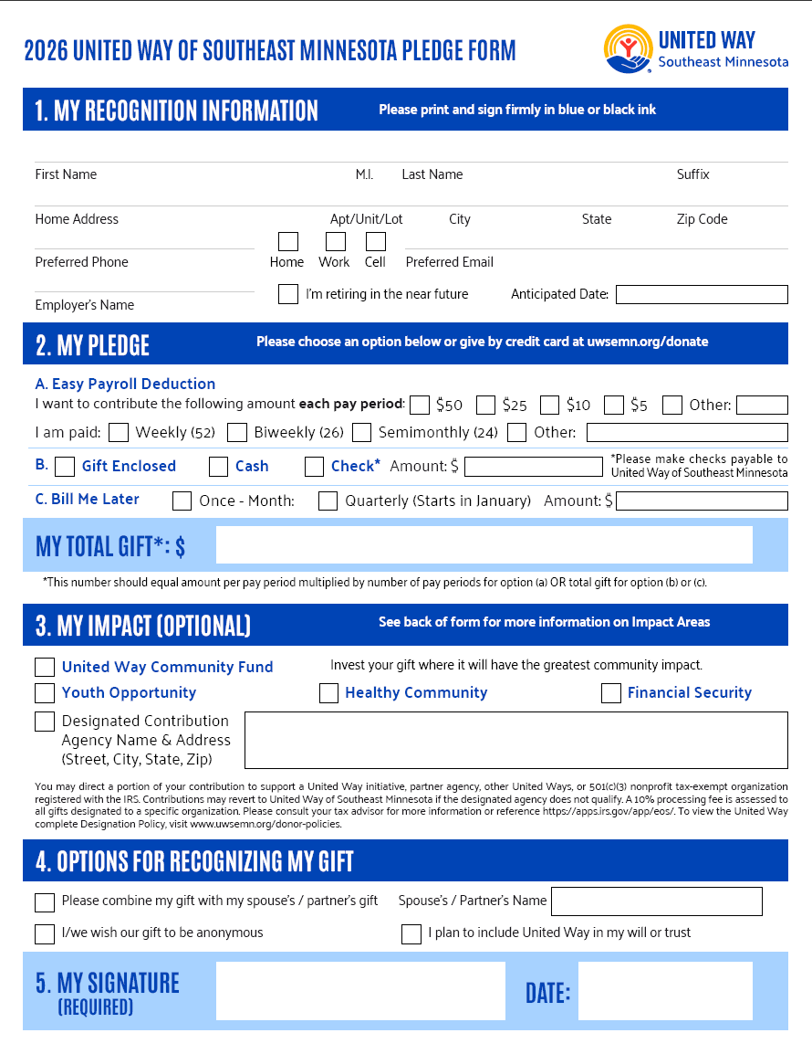 United Way of Southeast Minnesota's pledge form