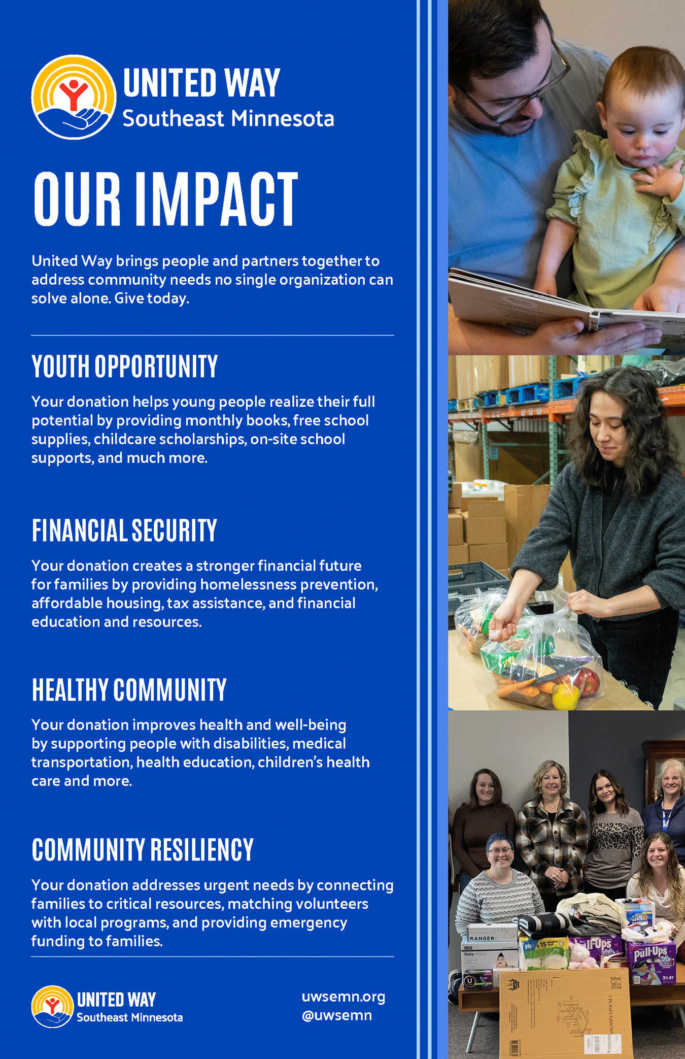 United Way's blue graphic explaining different impact areas and goals