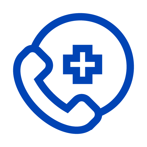 Blue graphic of telephone and aid sign