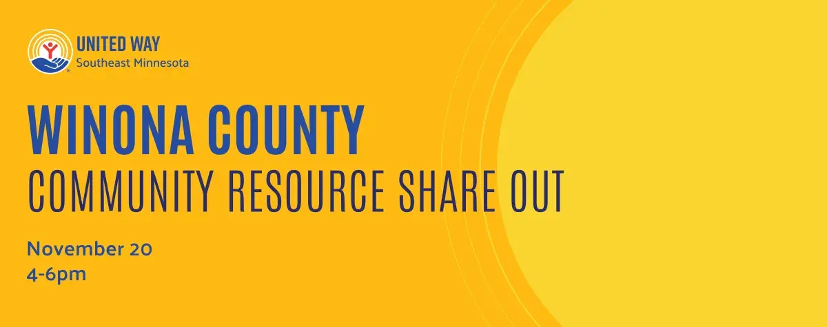 Yellow background with blue text that reads: Winona County Community Resource Share Out. November 20, 4-6pm. United Way logo on upper left corner.