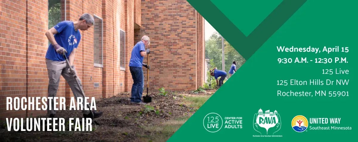 Volunteers shoveling, text reads Rochester Area Volunteer Fair