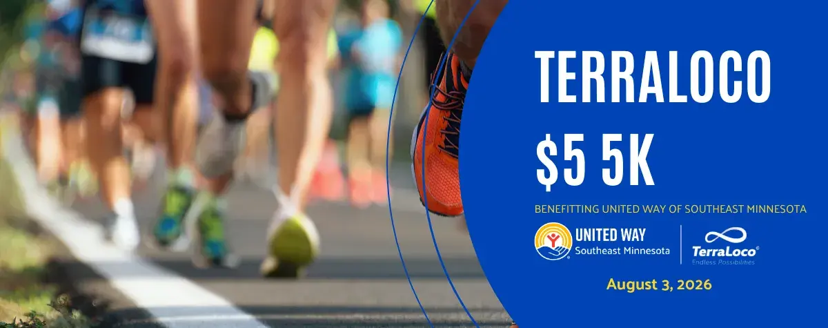 Runners on pavement, text reads TerraLoco $5 5k benefitting United Way of Southeast Minnesota