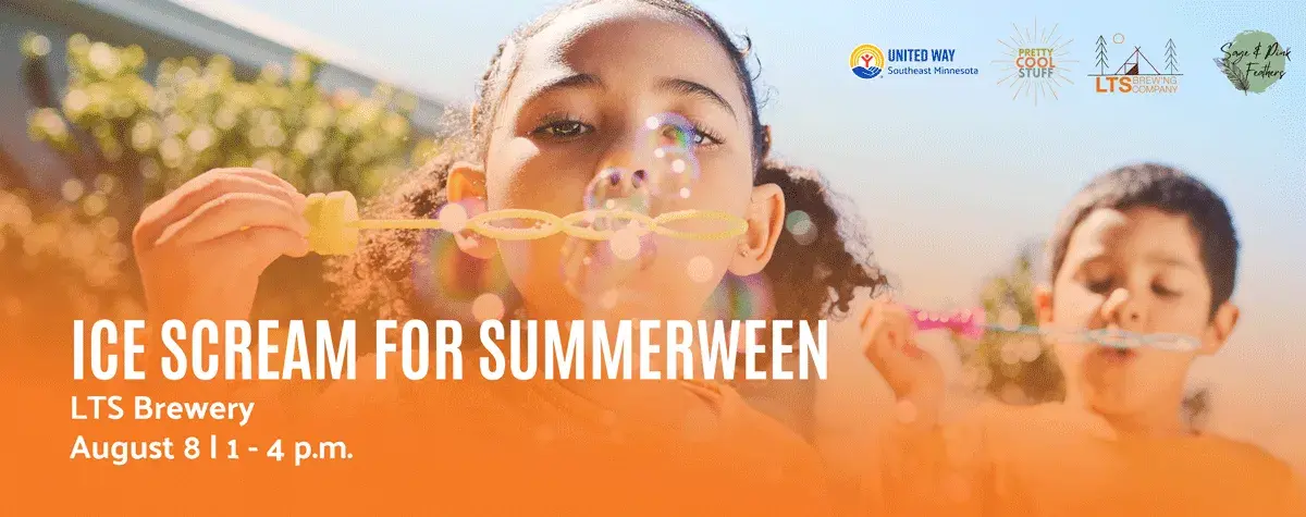 Two children blowing bubbles, text reads Ice Scream for Summerween