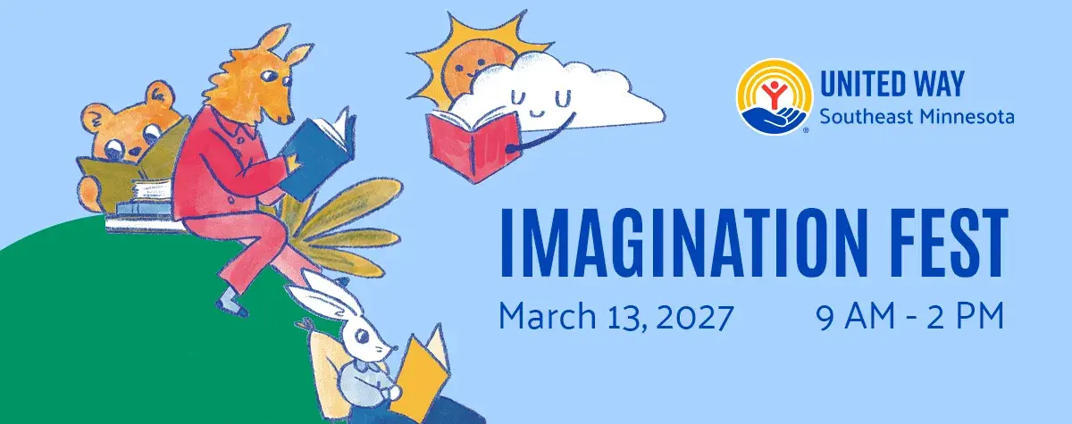 Blue background with text Imagination Fest, cartoon animals reading books.