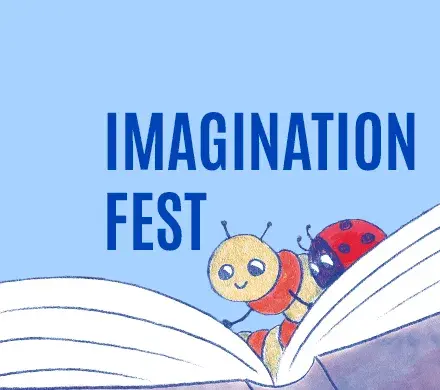 Blue background with text Imagination Fest, two cartoon bugs reading books.