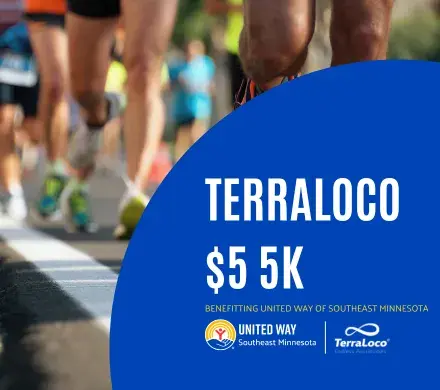 Runners on pavement, text reads TerraLoco $5 5k benefitting United Way of Southeast Minnesota