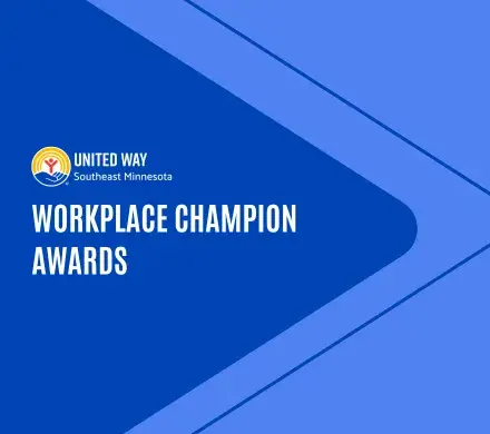 Blue graphics that read Workplace Champion Awards