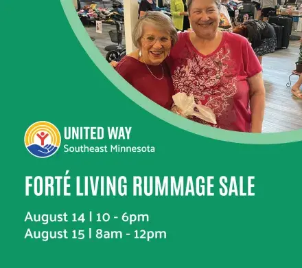 Text reads Forte Living Rummage Sale with two residents above
