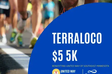 Runners on pavement, text reads TerraLoco $5 5k benefitting United Way of Southeast Minnesota