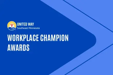Blue graphics that read Workplace Champion Awards