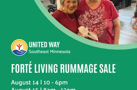 Text reads Forte Living Rummage Sale with two residents above